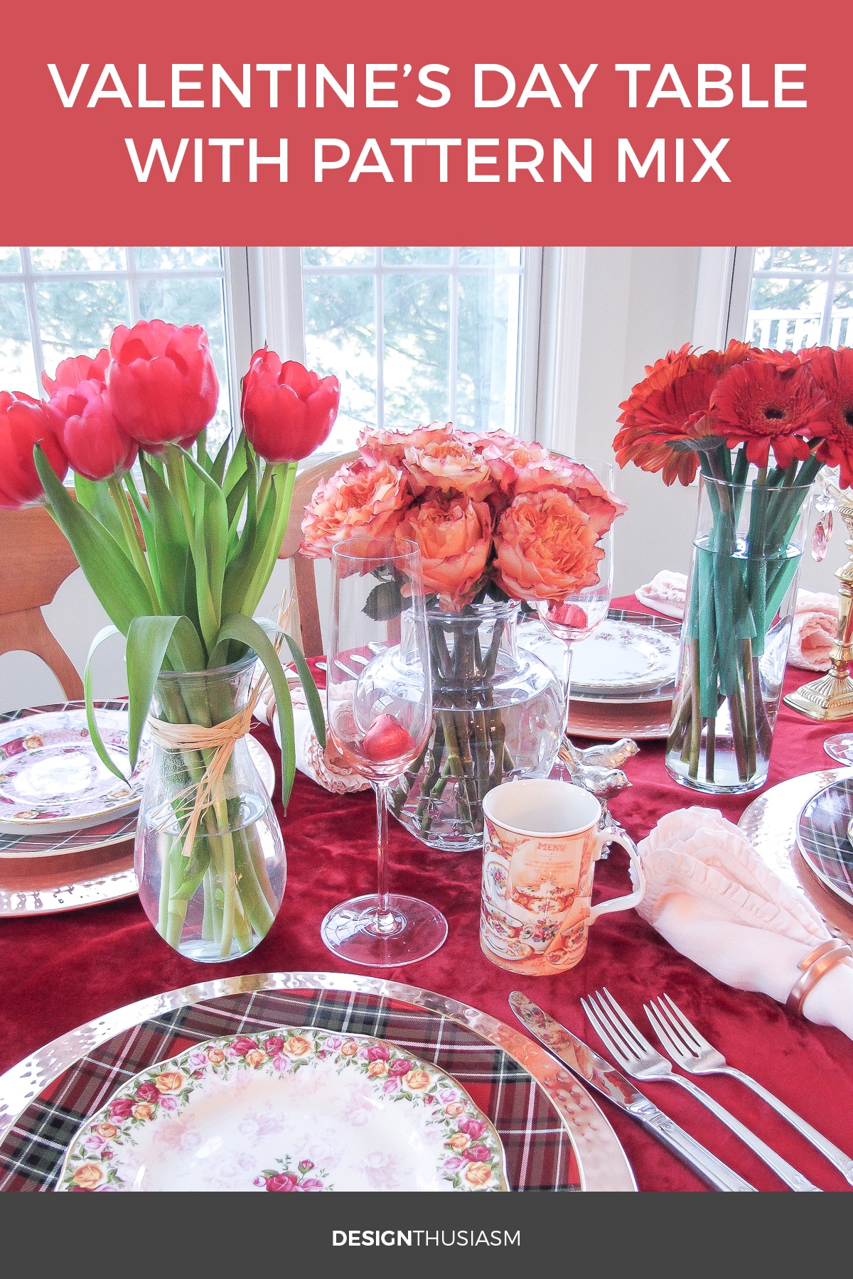 Romantic red Valentines table with pattern mix