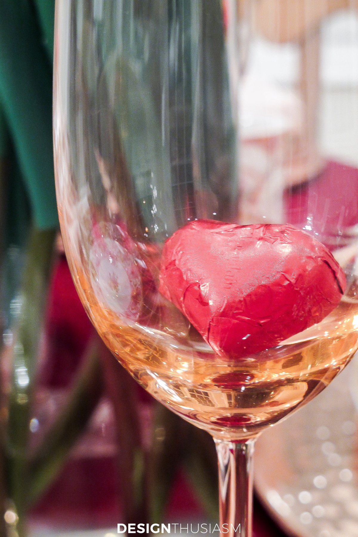 Valentines table chocolate hearts in flutes