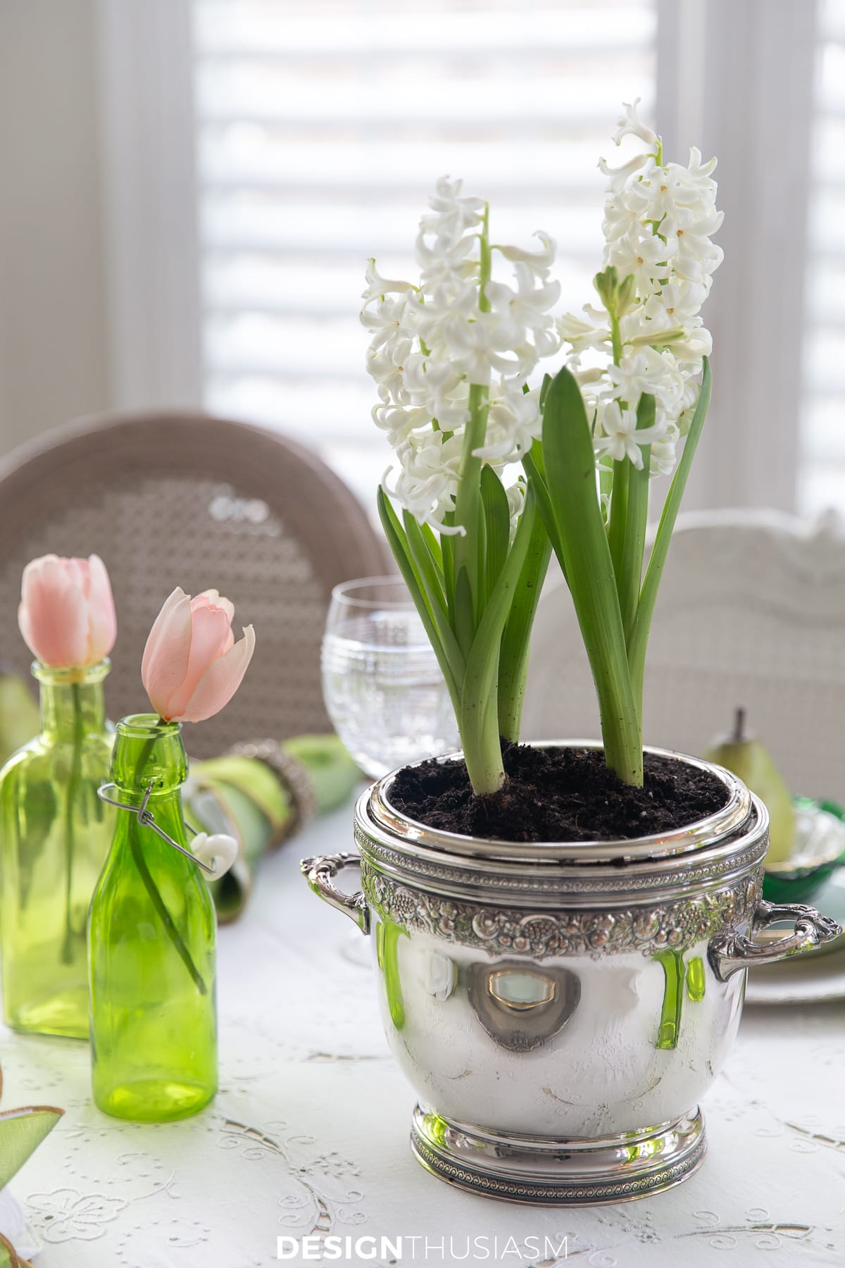 St. Pat's table white hyacinths in silver ice bucket