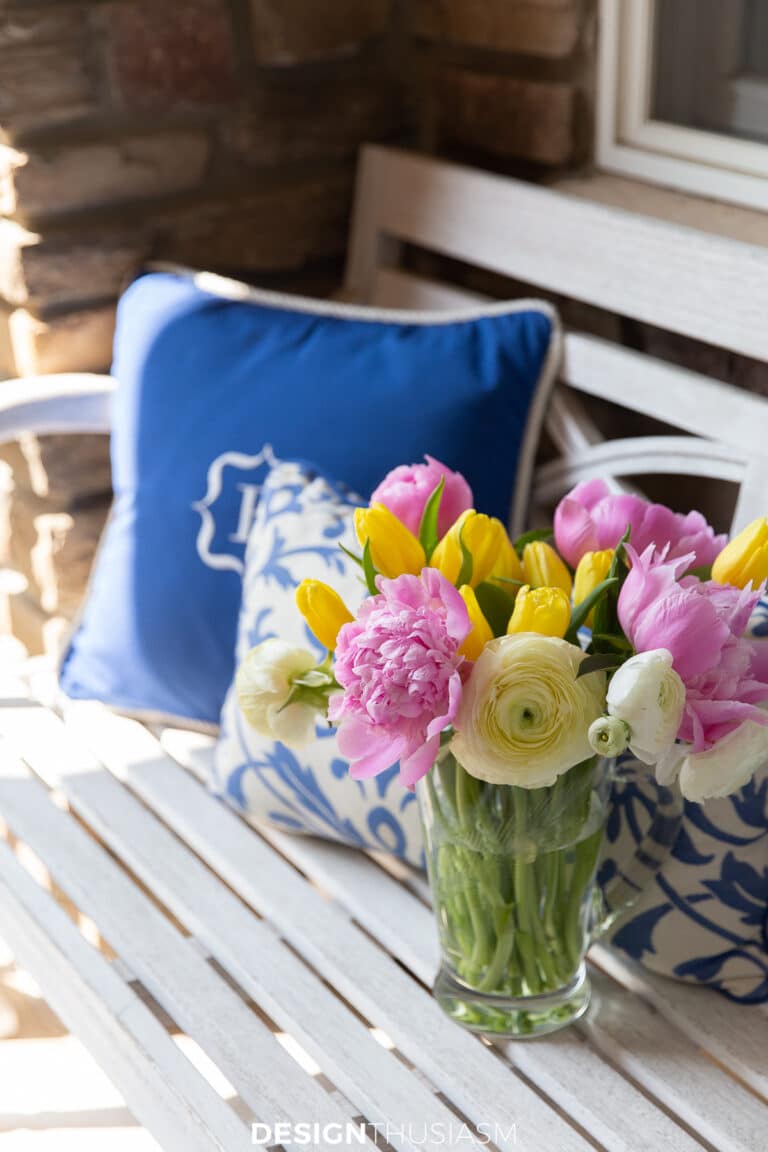 Outdoor Bench with Flowers in Summer Color