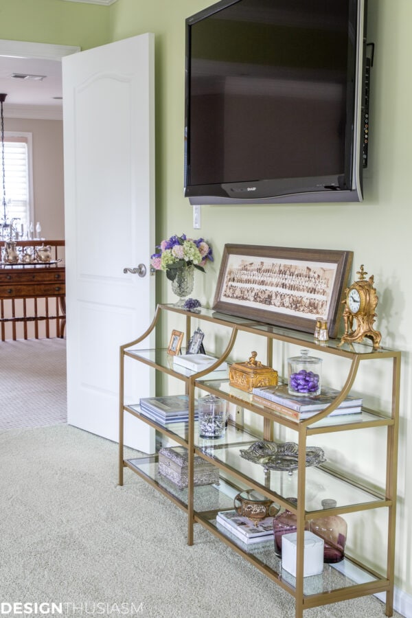 Shelf Decor: How to Style a TV Wall with Pretty Bedroom Shelves