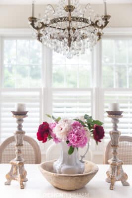vintage chandelier with kitchen peony centerpiece